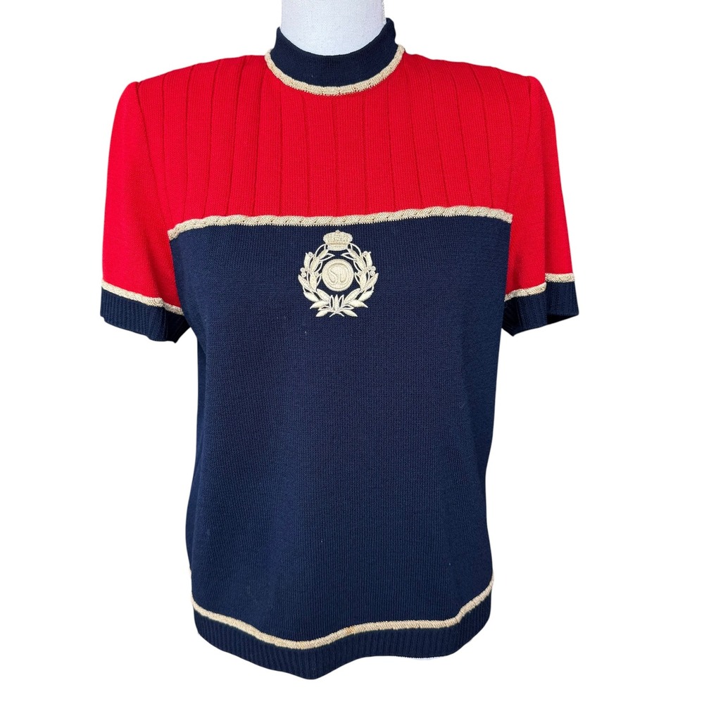 St John Collection‎ Marie Gray Red Navy Blue Knit Crest Top Metallic Trim Small